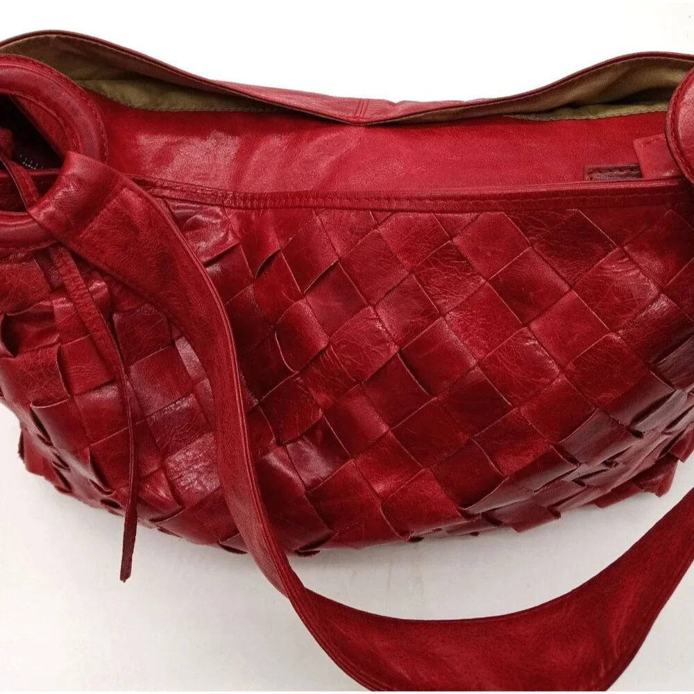 Latico Red Woven Leather Basketweave Pattern Large Handbag